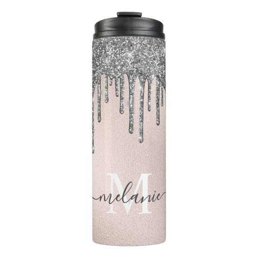 Blush roze monogram naam Silver Glitter Drip Thermosbeker (Voorkant)