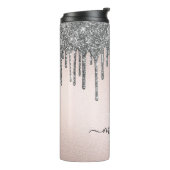Blush roze monogram naam Silver Glitter Drip Thermosbeker (Gedraaid links)