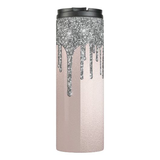 Blush roze monogram naam Silver Glitter Drip Thermosbeker (Achterkant)