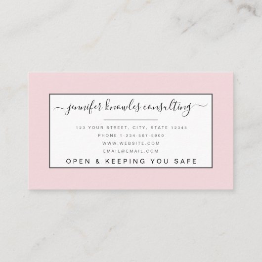 Blush Roze Monogram script Minimale Open Covid Visitekaartje (Achterkant)