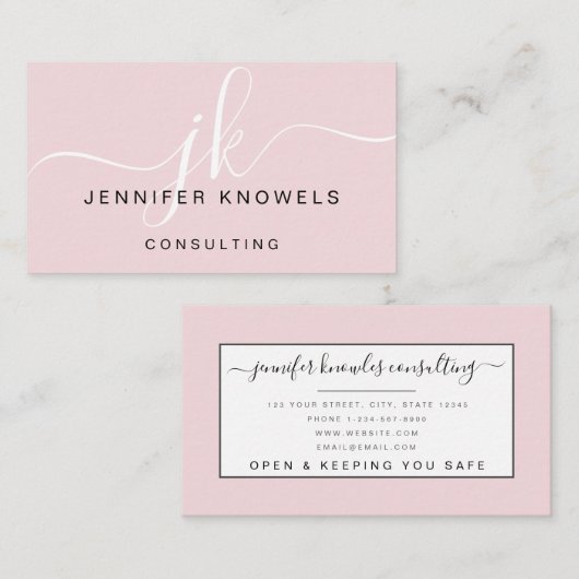 Blush Roze Monogram script Minimale Open Covid Visitekaartje (Voorkant / Achterkant)
