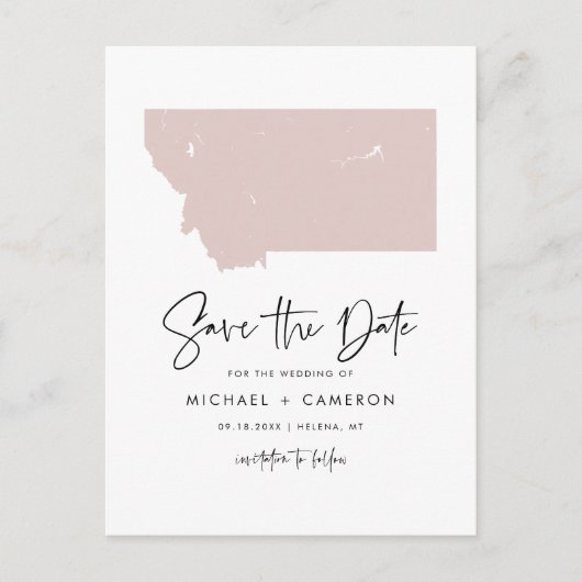 Blush Roze Montana Map Modern Script Save the Date Aankondigingskaart (Voorkant)