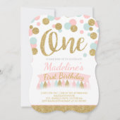 Blush roze munt en goud 1e verjaardag uitnodiging (Voorkant)