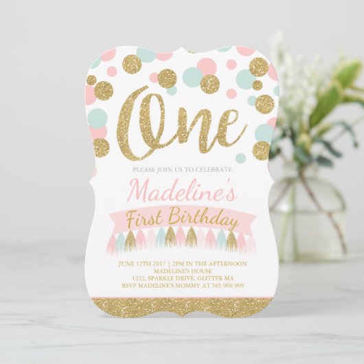 Blush roze munt en goud 1e verjaardag uitnodiging (Staand voorkant)
