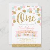 Blush roze munt en goud 1e verjaardag uitnodiging (Voorkant)