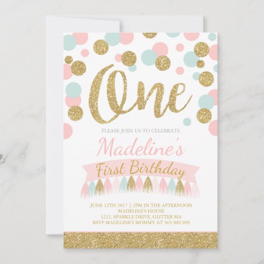 Blush roze munt en goud 1e verjaardag uitnodiging (Voorkant)
