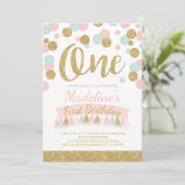 Blush roze munt en goud 1e verjaardag uitnodiging (Staand voorkant)