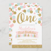 Blush roze munt en goud 1e verjaardag uitnodiging (Voorkant / Achterkant)
