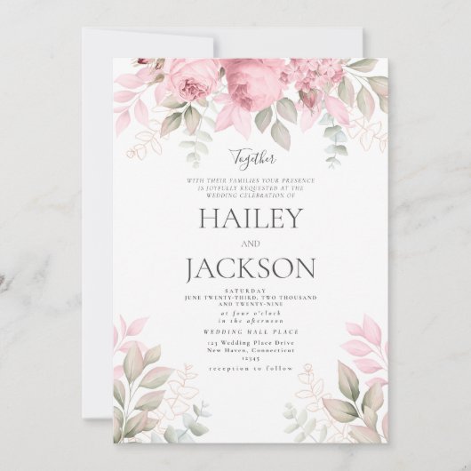 Blush roze munt en witte magnolia bloemenbruiloft kaart (Voorkant)