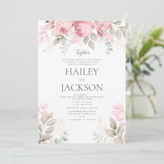 Blush roze munt en witte magnolia bloemenbruiloft kaart (Staand voorkant)