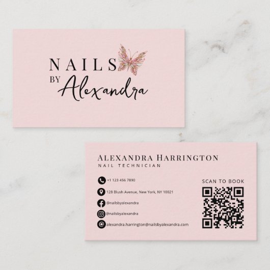 Blush Roze Nagel Specialist Vlinder Qr Code Visitekaartje (Voorkant / Achterkant)