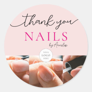 Blush Roze Nagels Salon Script Logo Foto Bedankt Ronde Sticker
