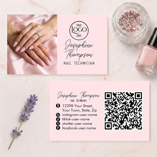 Blush Roze Nagelstudio QR Code Foto Visitekaartje