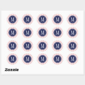 Blush Roze & Navy Big Polka Dots Monogram Ronde Sticker (Vel)
