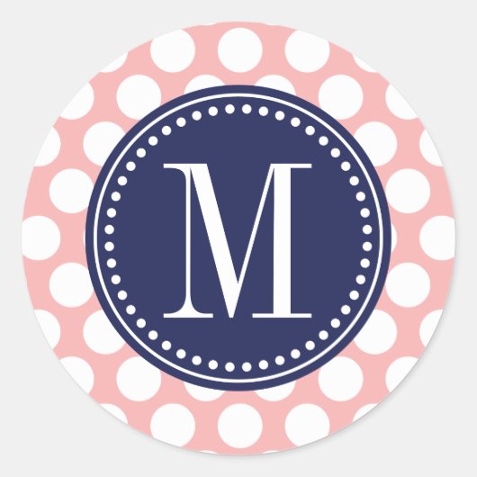 Blush Roze & Navy Big Polka Dots Monogram Ronde Sticker (Voorkant)