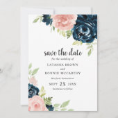 Blush Roze Navy Blauw Bloemen Elegante Bruiloft Save The Date (Voorkant)