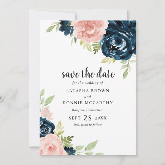 Blush Roze Navy Blauw Bloemen Elegante Bruiloft Save The Date (Voorkant)