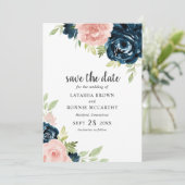 Blush Roze Navy Blauw Bloemen Elegante Bruiloft Save The Date (Staand voorkant)