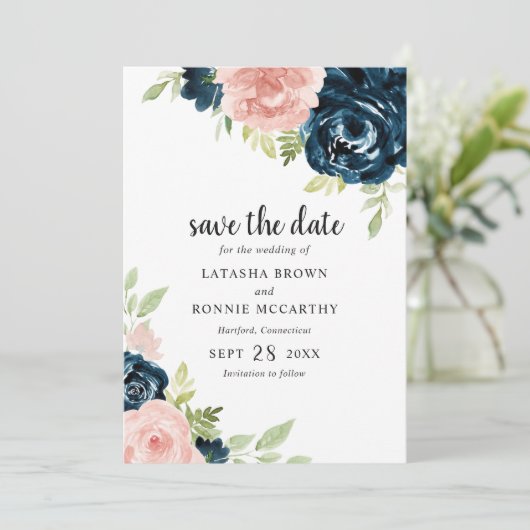 Blush Roze Navy Blauw Bloemen Elegante Bruiloft Save The Date (Staand voorkant)