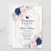 Blush Roze & Navy Blauw Bloemen Graduation Party Kaart (Voorkant)