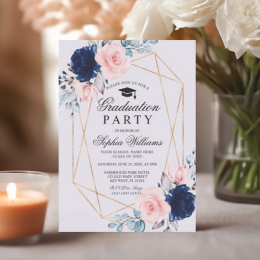 Blush Roze & Navy Blauw Bloemen Graduation Party Kaart