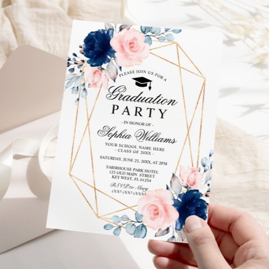 Blush Roze & Navy Blauw Bloemen Graduation Party Kaart