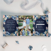 Blush Roze Navy Blauw Bloemen Midnight Foto Bruilo Drieluik Uitnodiging