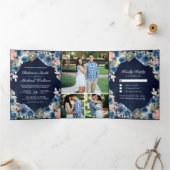 Blush Roze Navy Blauw Bloemen Midnight Foto Bruilo Drieluik Uitnodiging (Binnen)