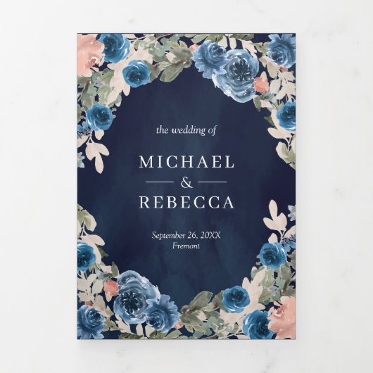 Blush Roze Navy Blauw Bloemen Midnight Foto Bruilo Drieluik Uitnodiging (Cover)