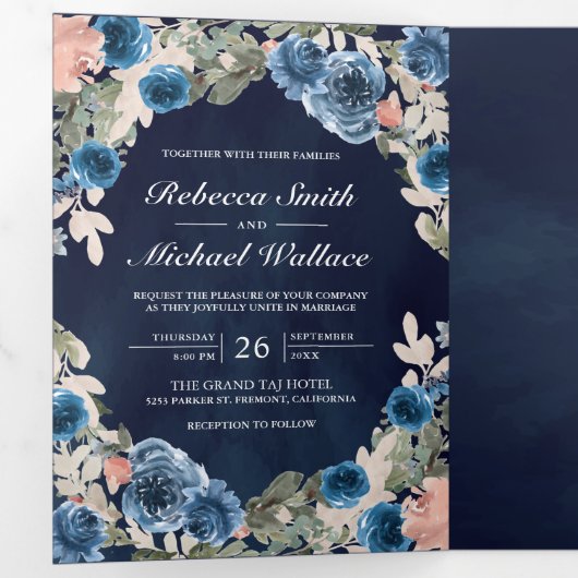 Blush Roze Navy Blauw Bloemen Midnight Foto Bruilo Drieluik Uitnodiging (Binnenzijde eerst)