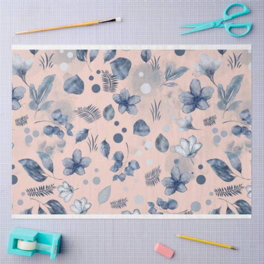 Blush Roze Navy Blauw Bloemen Patroon Tissuepapier (Craft)