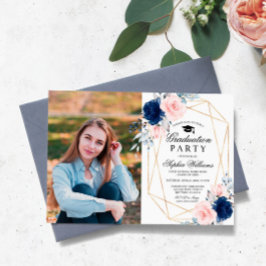 Blush Roze & Navy Blauw Foto Graduation Party Kaart