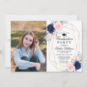 Blush Roze & Navy Blauw Foto Graduation Party Kaart (Voorkant)