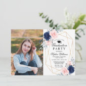 Blush Roze & Navy Blauw Foto Graduation Party Kaart (Staand voorkant)