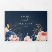 Blush Roze & Navy Bloemen Elegante bruiloft Drieluik Uitnodiging (Cover)