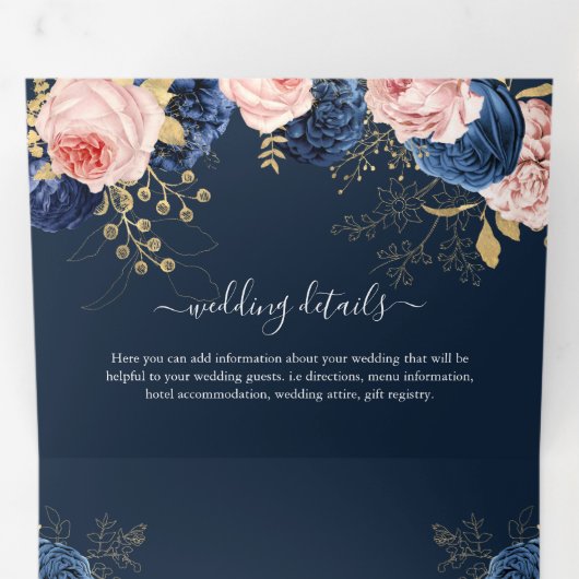 Blush Roze & Navy Bloemen Elegante bruiloft Drieluik Uitnodiging (Binnenzijde eerst)