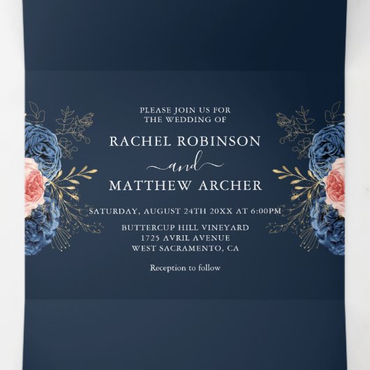 Blush Roze & Navy Bloemen Elegante bruiloft Drieluik Uitnodiging (Binnenkant midden)