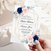 Blush Roze & Navy Blue Floral Wedding Invitation