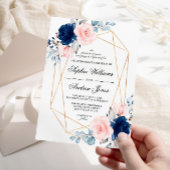 Blush Roze & Navy Blue Floral Wedding Invitation Kaart