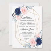 Blush Roze & Navy Blue Floral Wedding Invitation Kaart (Voorkant)