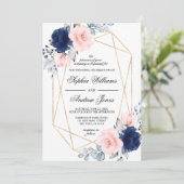 Blush Roze & Navy Blue Floral Wedding Invitation Kaart (Staand voorkant)