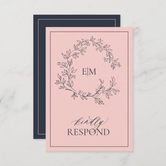 Blush Roze Navy Blue Monogram Weddenschap RSVP-kaa RSVP Kaartje (Voorkant / Achterkant)