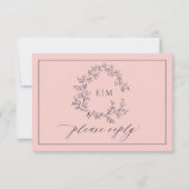 Blush Roze Navy Blue Monogram Weddenschap RSVP-kaa RSVP Kaartje (Voorkant)