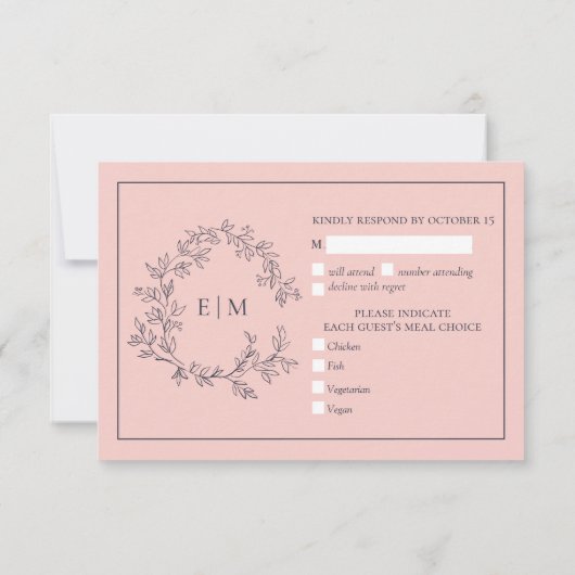 Blush Roze Navy Blue Monogram Weddenschap RSVP-kaa RSVP Kaartje (Achterkant)