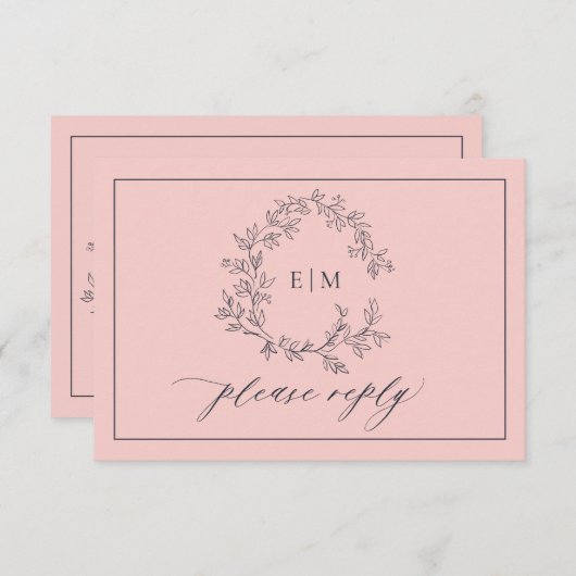 Blush Roze Navy Blue Monogram Weddenschap RSVP-kaa RSVP Kaartje (Voorkant / Achterkant)