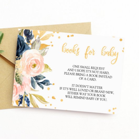 Blush Roze & Navy Book Request Baby shower Kaart