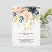 Blush Roze, Navy & Gold Baby shower Invitation Kaart (Staand voorkant)
