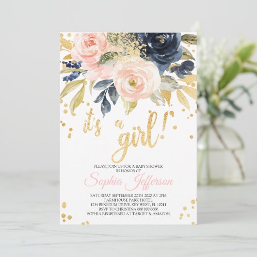 Blush Roze, Navy & Gold Baby shower Invitation Kaart (Staand voorkant)