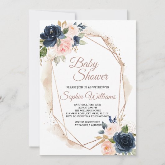 Blush Roze, Navy & Gold Baby shower Invitation Kaart (Voorkant)