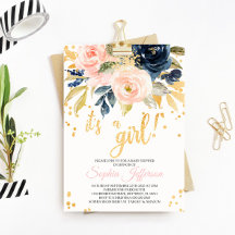 Blush Roze, Navy & Gold Baby shower Invitation